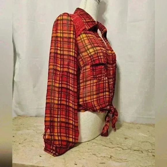 Excuse Me Miss Juniors Orange/Gold/Maroon/Black Plaid Polyester Blouse Large - Picture 6 of 9